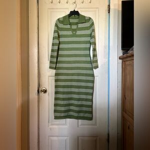 Elegant Olive and Cream Striped Long Sleeve Dress